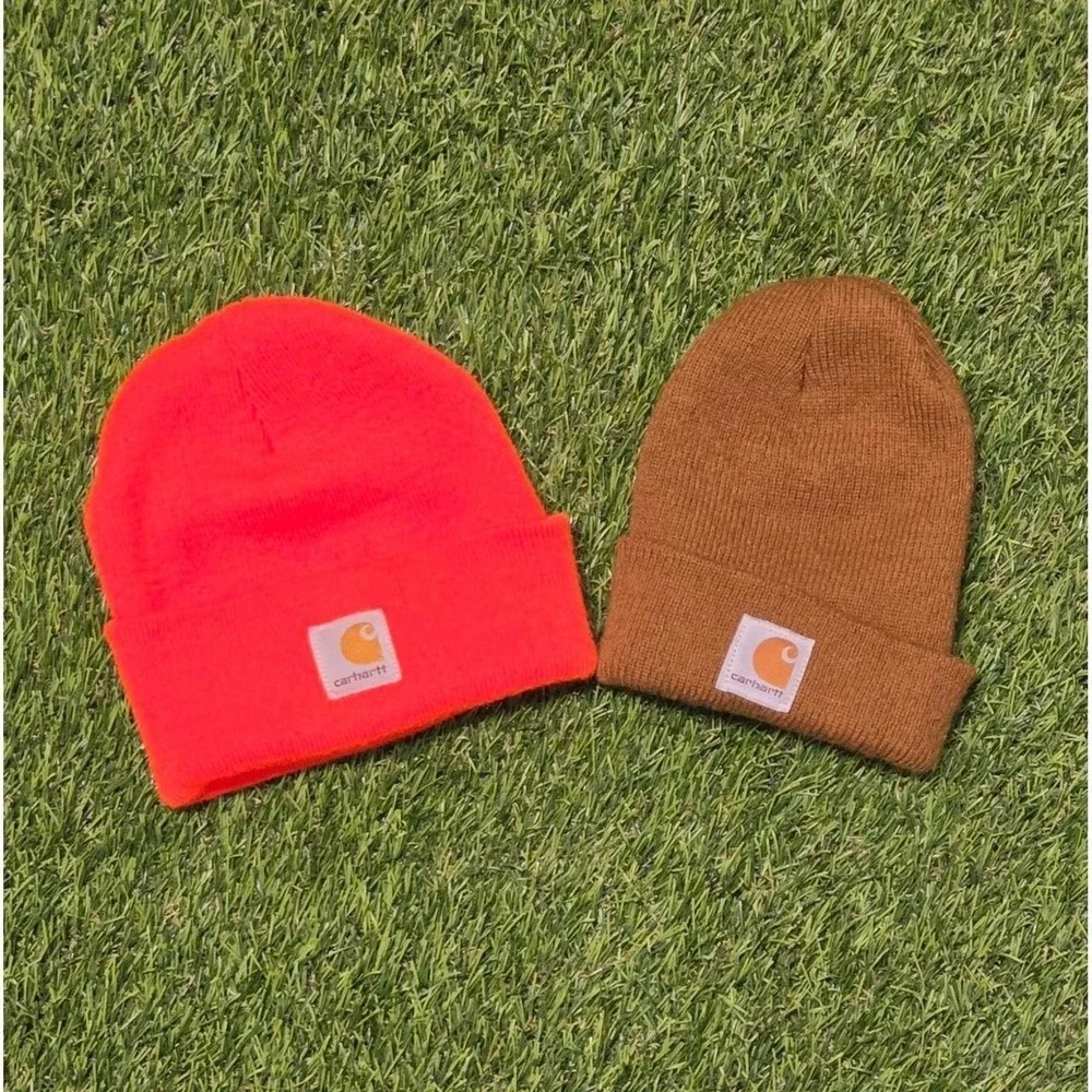 Carhartt Kids Acrylic Watch Hat Beanie 2 Pack Neon Orange Brown Rib Knit Logo
